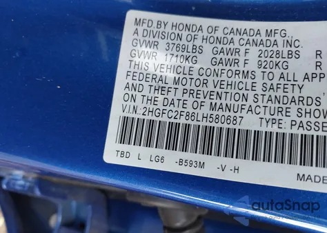 2020 Honda Civic Sport из США, поврежденный, VIN 2HGFC2F86LH580687